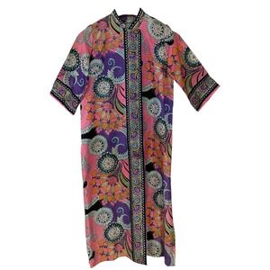 Vtg Psychedelic Paisley Floral Button Up Midi Dress Kaftan Mrs Roper Boho 60s L